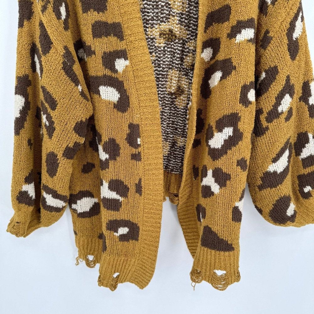 A Beautiful Soul Yellow/Brown Leopard Print Chunky  Distressed Sweater Cardigan - Picture 4 of 12
